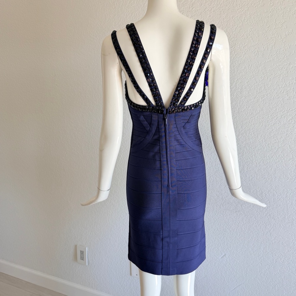Herve Leger Navy V-Neck embellished Strap Midi Dress - Picture 5 of 8